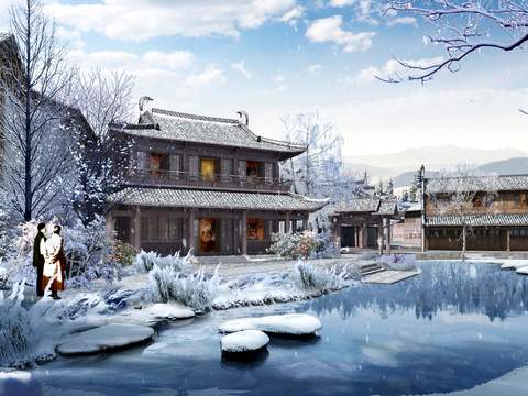  中式古建雪景psd 