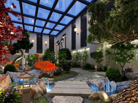  新中式会所园林景观3d模型 