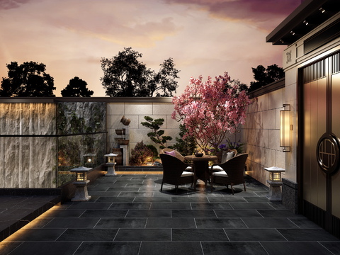  新中式庭院夜景3d模型 