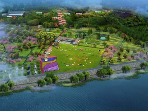  现代湿地公园帐篷露营鸟瞰psd 