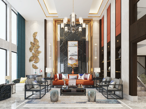  新中式别墅客餐厅3d模型 