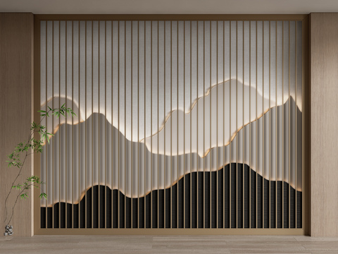 新中式格栅背景 山水背景3d模型