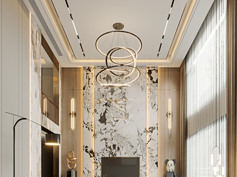  现代轻奢挑空别墅客厅餐厅3d模型 