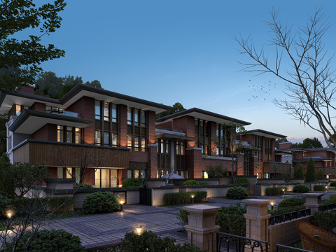  现代住宅楼建筑外观夜景psd 