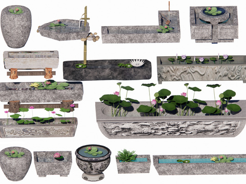  中式水槽 石槽 荷花池3d模型 