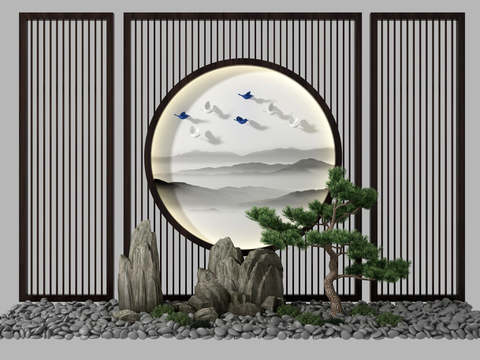  新中式松树假山园艺小品3d模型 