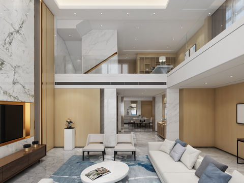  现代跃层别墅客厅餐厅厨房书房3d模型 