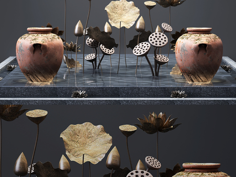  新中式水池荷花陶罐莲藕园艺小品3d模型 