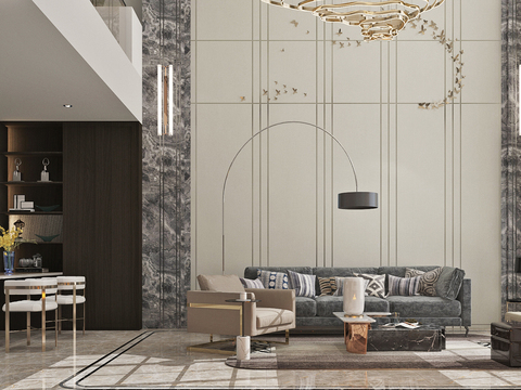  现代轻奢别墅大堂餐厅3d模型 