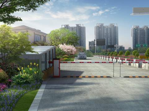  现代保安亭大门围栏外观psd 