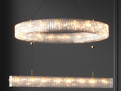  现代水晶圆环矩形吊灯3d模型下载 金属玻璃材质设计 温暖奢华灯光效果 
