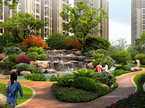  现代公园流水园林景观psd 