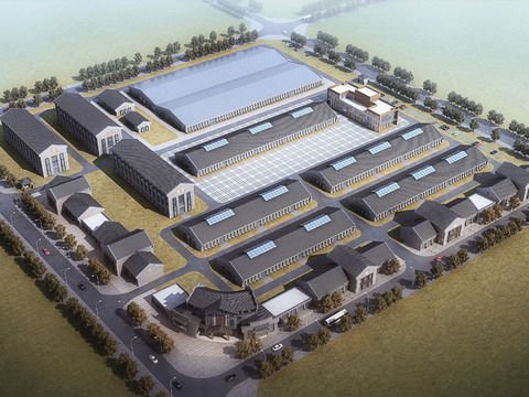  新中式住宅区建筑鸟瞰3d模型 