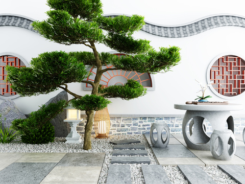 新中式庭院松树景观小品3d模型 