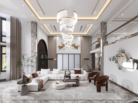  现代轻奢别墅客餐厅3d模型 