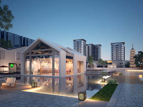  新中式商业街夜景3d模型 