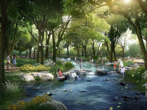  现代小溪亲子公园游玩psd 