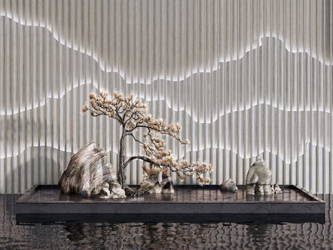  新中式假山松树园艺小品3d模型 