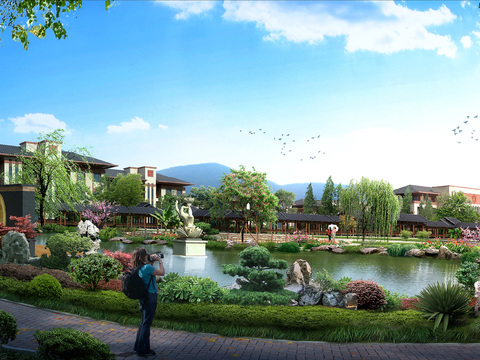  公园湖边景观psd 