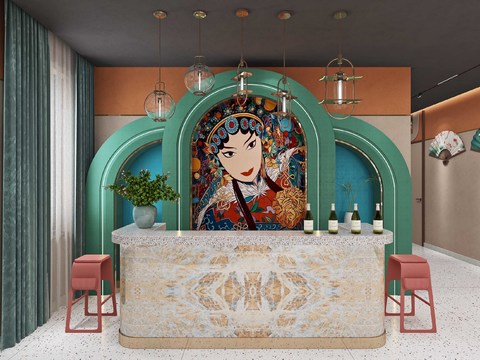  新中式川剧脸谱主题民宿3d模型 