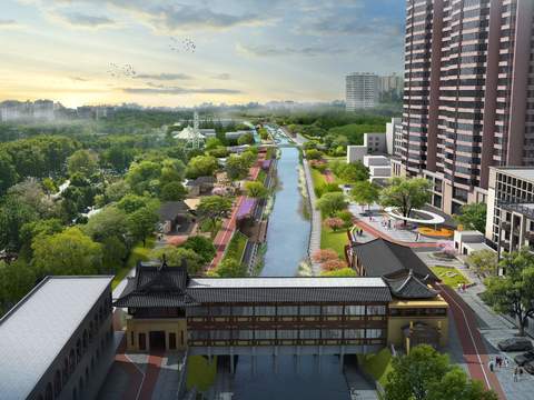  中式古建民俗外观鸟瞰psd 
