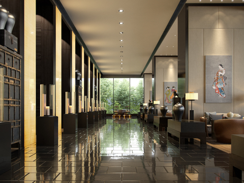  新中式酒店大堂吧3d模型 