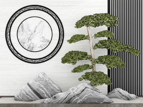  新中式假山松树景观小品3d模型 