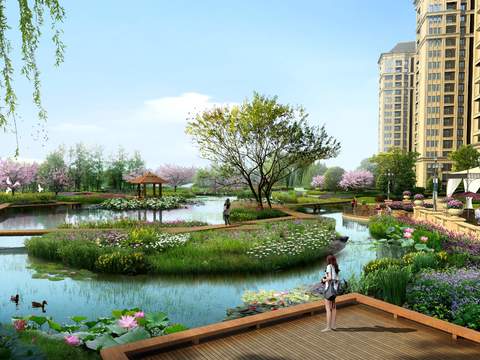  现代住宅小区庭院园林景观psd 