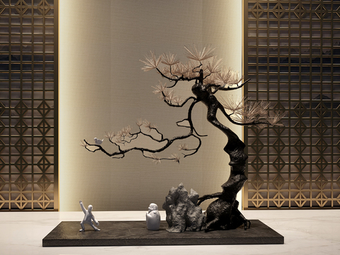  新中式松树人物景观3d模型 