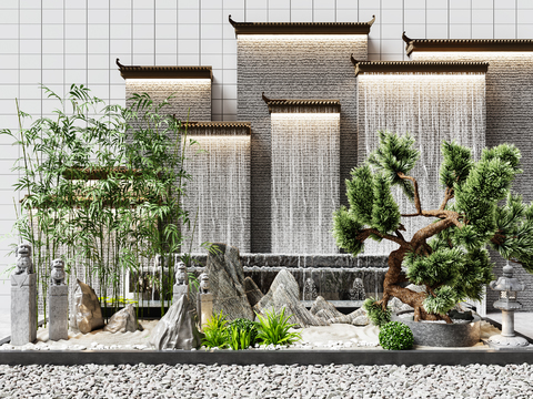  新中式假山水幕景观小品3d模型 