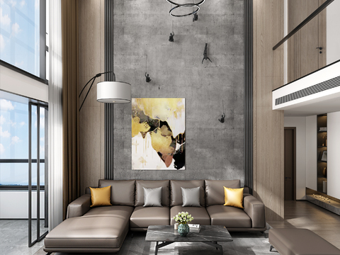  现代挑空别墅客厅餐厅3d模型 