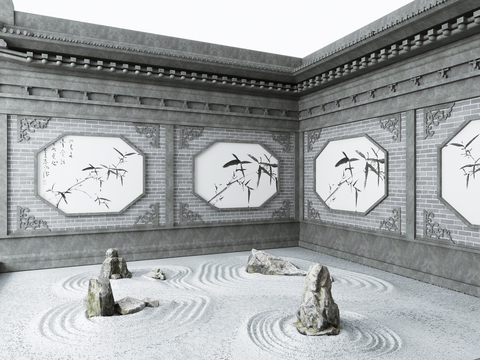  新中式园林砂石景观3d模型 