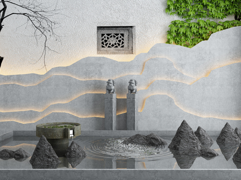  新中式园林景观水景小品3d模型 