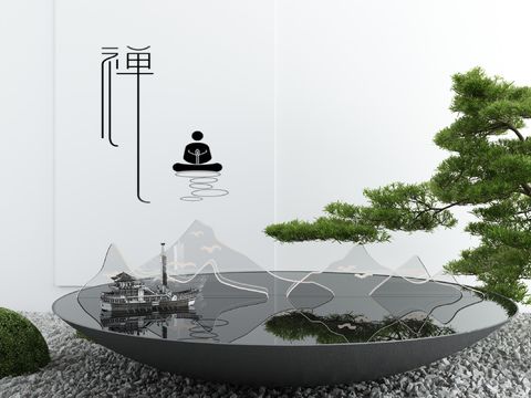  新中式禅意水景小品3d模型 