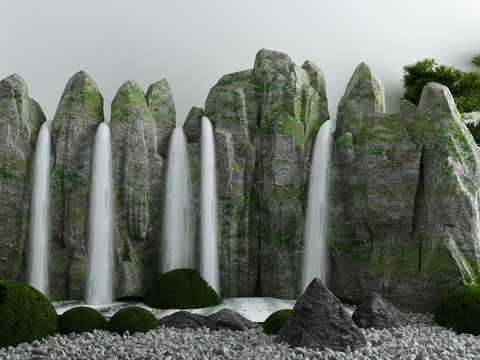  新中式假山瀑布小品3d模型 