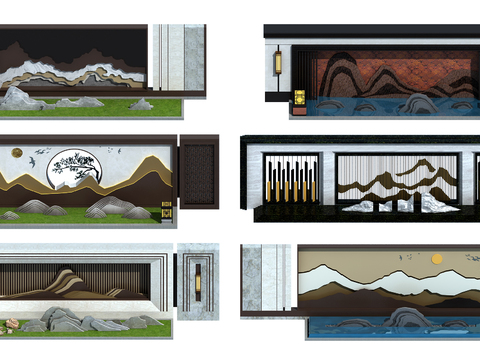  新中式山水背景墙3d模型 