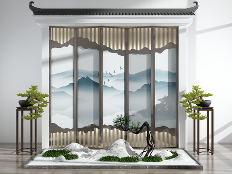  新中式马头墙园艺景观假山小品3d模型 