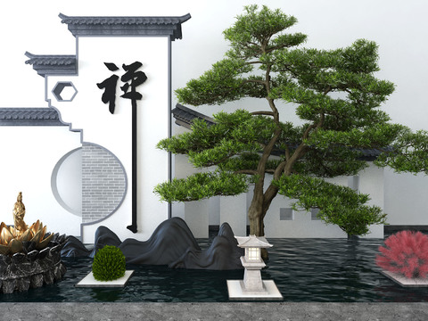  新中式假山松树景观小品3d模型 