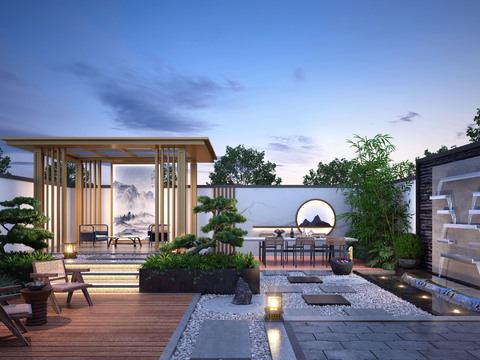  新中式别墅庭院花园夜景3d模型 