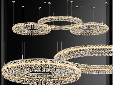  现代奢华水晶环形吊灯3d模型下载 多层同心圆设计 酒店大堂宴会厅客厅装饰灯具 