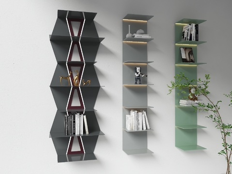  现代金属吊柜壁挂书架3d模型下载 多色装饰置物架 带照明设计优雅家居收纳 