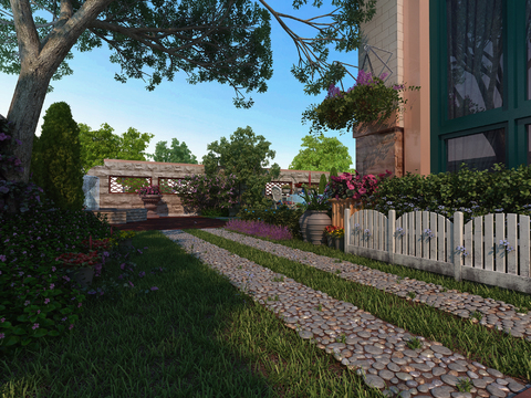  现代别墅庭院景观3d模型 