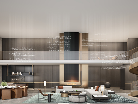  现代轻奢别墅客餐厅3d模型 