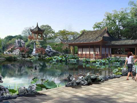  中式园林景观psd 