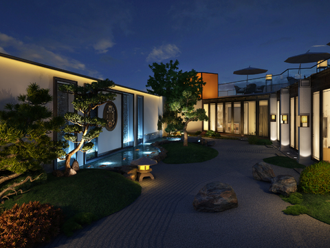  新中式庭院夜景3d模型 