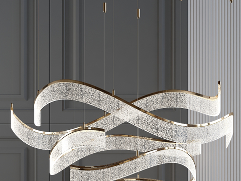  现代水晶流线型吊灯3d模型下载 金色金属框架白色水晶装饰 奢华客厅卧室灯具 