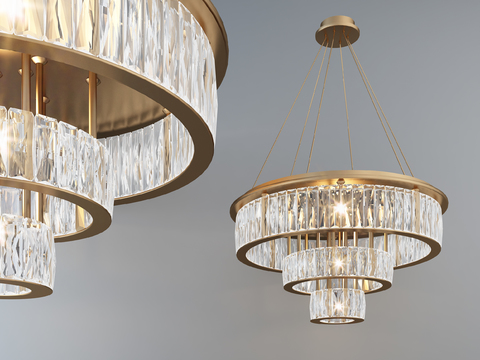  现代奢华水晶吊灯3d模型下载 金色金属环形设计 高端酒店别墅装饰 