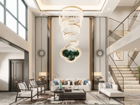  新中式复式别墅客厅餐厅3d模型 