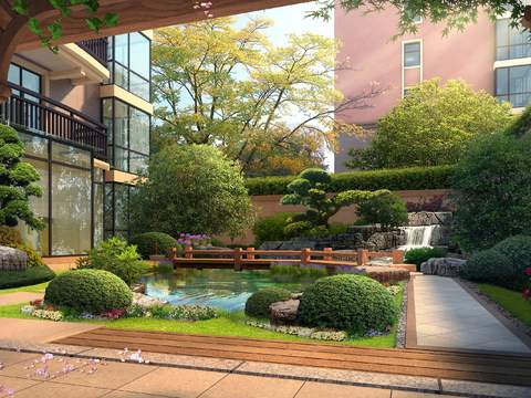  新中式庭院园林景观psd 