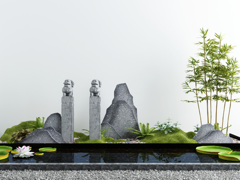  假山小品 苔藓造景 荷花池3d模型 